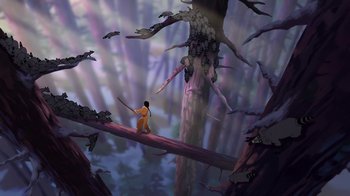 Movie still from “Brother Bear 2” (2006), directed by Ben Gluck – An animated scene of a man standing on top of a tree branch; Extreme Wide shot, Low angle