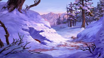 Movie still from “Brother Bear 2” (2006), directed by Ben Gluck – A painting of a snow covered path in the mountains; Extreme Wide shot, High angle