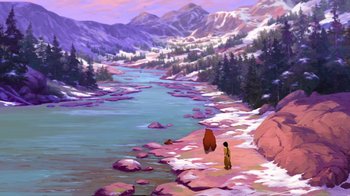 Movie still from “Brother Bear 2” (2006), directed by Ben Gluck – A painting of a person and a bear in the mountains; Extreme Wide shot, High angle
