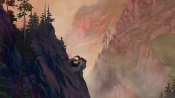 Movie still from “Brother Bear 2” (2006), directed by Ben Gluck – A painting of a bear on top of a mountain; Extreme Wide shot, High angle
