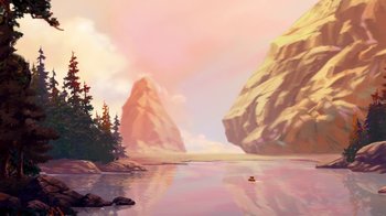 Movie still from “Brother Bear 2” (2006), directed by Ben Gluck – An oil painting of a lake with mountains in the background; Extreme Wide shot, High angle