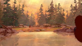 Movie still from “Brother Bear 2” (2006), directed by Ben Gluck – A painting of a person standing in the water near a forest; Extreme Wide shot, High angle