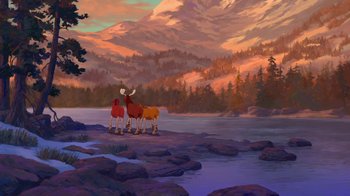 Movie still from “Brother Bear 2” (2006), directed by Ben Gluck – A painting of two horses standing on a rocky shore; Extreme Wide shot, Low angle