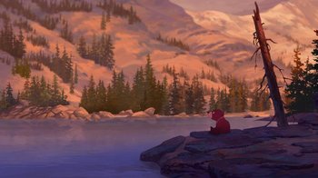 Movie still from “Brother Bear 2” (2006), directed by Ben Gluck – A bear sitting on top of a rock near a body of water; Extreme Wide shot, Over the shoulder angle