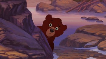 Movie still from “Brother Bear 2” (2006), directed by Ben Gluck – A brown teddy bear looking over a cliff; Medium shot, Over the shoulder angle