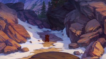 Movie still from “Brother Bear 2” (2006), directed by Ben Gluck – A painting of a brown bear sitting in the snow; Extreme Wide shot, High angle