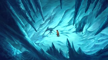 Movie still from “Brother Bear 2” (2006), directed by Ben Gluck – A painting of a person standing in the middle of an ice cave; Extreme Wide shot, High angle