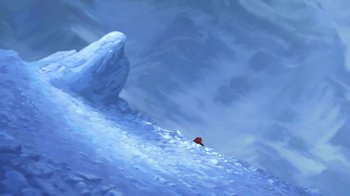 Movie still from “Brother Bear 2” (2006), directed by Ben Gluck – A painting of a person skiing down a hill; Extreme Wide shot, Low angle