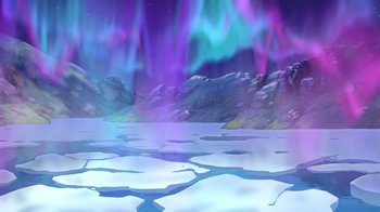 Movie still from “Brother Bear 2” (2006), directed by Ben Gluck – An illustration of a frozen lake and mountains with aurora borealis in the background; Extreme Wide shot, High angle