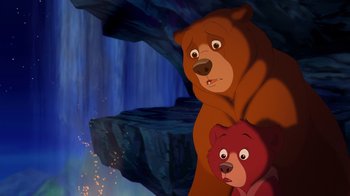 Movie still from “Brother Bear 2” (2006), directed by Ben Gluck – A couple of brown bears standing next to each other; Medium shot, Low angle