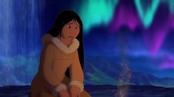 Movie still from “Brother Bear 2” (2006), directed by Ben Gluck – An animated picture of an indian woman sitting in front of a sky filled with lights; Medium shot, Over the shoulder angle