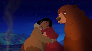 Movie still from “Brother Bear 2” (2006), directed by Ben Gluck – A couple of bears and a girl in a field; Wide shot, Low angle