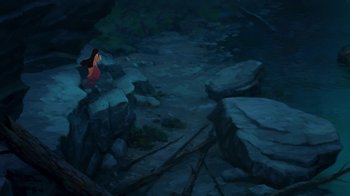 Movie still from “Brother Bear 2” (2006), directed by Ben Gluck – A painting of a woman standing on top of a cliff; Extreme Wide shot, High angle