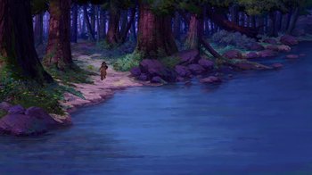 Movie still from “Brother Bear 2” (2006), directed by Ben Gluck – A painting of a bear walking along a path near the water; Extreme Wide shot, High angle