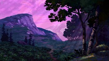 Movie still from “Brother Bear 2” (2006), directed by Ben Gluck – A painting of trees and mountains in the distance; Extreme Wide shot, Low angle