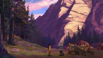 Movie still from “Brother Bear 2” (2006), directed by Ben Gluck – A group of people standing in front of a mountain; Extreme Wide shot, Over the shoulder angle