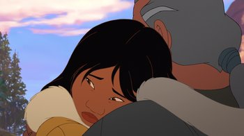Movie still from “Brother Bear 2” (2006), directed by Ben Gluck – An animated picture of an asian girl and a man; Close Up shot, Low angle