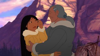 Movie still from “Brother Bear 2” (2006), directed by Ben Gluck – An animated scene of a man and a woman; Medium shot, Over the shoulder angle