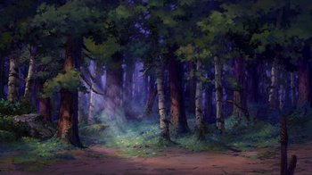 Movie still from “Brother Bear 2” (2006), directed by Ben Gluck – A painting of trees in the woods with purple light coming through the trees; Extreme Wide shot, Low angle