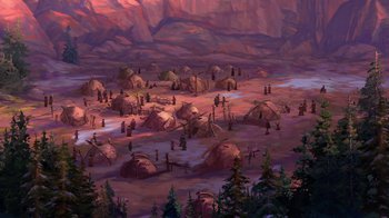 Movie still from “Brother Bear 2” (2006), directed by Ben Gluck – An artistic painting of people in a desert area; Extreme Wide shot, High angle