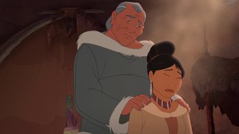 Movie still from “Brother Bear 2” (2006), directed by Ben Gluck – An old man standing next to an older woman; Medium shot, Over the shoulder angle