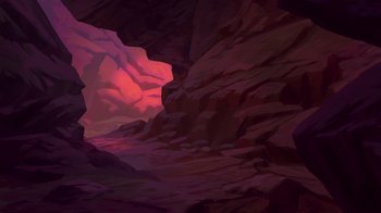Movie still from “Brother Bear 2” (2006), directed by Ben Gluck – A painting of a cave with a pink light coming from it; Extreme Wide shot, High angle