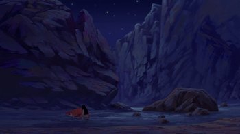 Movie still from “Brother Bear 2” (2006), directed by Ben Gluck – A painting of a woman laying on the ground in the middle of the night; Extreme Wide shot, High angle
