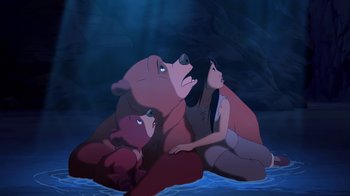 Movie still from “Brother Bear 2” (2006), directed by Ben Gluck – A group of people sitting next to each other in the water; Wide shot, Low angle