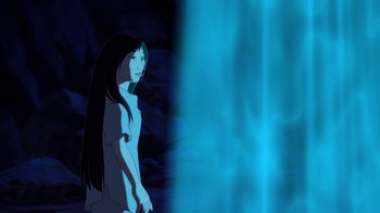 Movie still from “Brother Bear 2” (2006), directed by Ben Gluck – A woman standing in front of a waterfall in the dark; Medium shot, Low angle