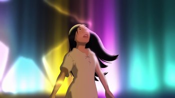 Movie still from “Brother Bear 2” (2006), directed by Ben Gluck – An animated picture of a woman with long black hair; Medium shot, Low angle