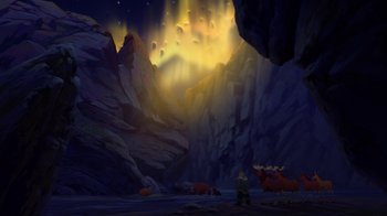 Movie still from “Brother Bear 2” (2006), directed by Ben Gluck – An illustration of a mountain with a fire in the background; Extreme Wide shot, High angle
