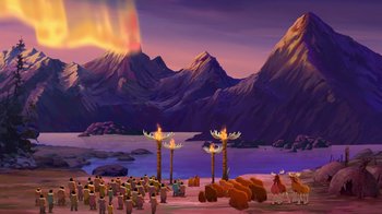 Movie still from “Brother Bear 2” (2006), directed by Ben Gluck – A painting of a mountain scene with people standing in the background; Extreme Wide shot, High angle