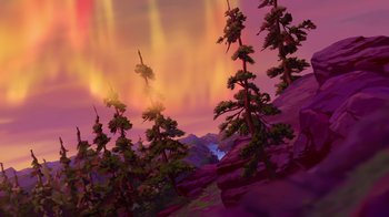 Movie still from “Brother Bear 2” (2006), directed by Ben Gluck – A painting of trees in the foreground with a purple sky in the background; Extreme Wide shot, High angle