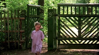 Movie still from “Burnt by the Sun” (1994), directed by Nikita Mikhalkov – A little girl standing in front of a green gate; Wide shot, High angle