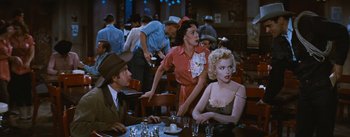 Movie still from “Bus Stop” (1956), directed by Joshua Logan – A group of people sitting at a table in a restaurant; Medium shot, Over the shoulder angle