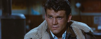 Movie still from “Bus Stop” (1956), directed by Joshua Logan – A person wearing a jacket; Close Up shot, High angle