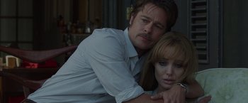 Movie still from “By the Sea” (2015), directed by Angelina Jolie – Brad pitt and angelina jolie in a scene from by the sea; Close Up shot, Low angle