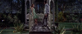 Movie still from “Bye Bye Birdie” (1963), directed by George Sidney – A man and a woman standing on top of a gazebo; Wide shot, High angle