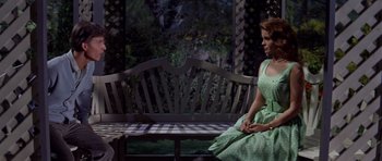 Movie still from “Bye Bye Birdie” (1963), directed by George Sidney – A woman sitting on top of a wooden park bench; Medium shot, High angle
