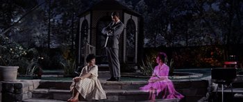 Movie still from “Bye Bye Birdie” (1963), directed by George Sidney – A man and a woman sitting on steps next to a gazebo; Wide shot, High angle