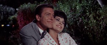 Movie still from “Bye Bye Birdie” (1963), directed by George Sidney – A man and a woman sitting next to each other in front of trees; Close Up shot, Low angle