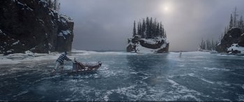 Movie still from “The Call of the Wild” (2020), directed by Chris Sanders – A boat in the middle of a body of water; Extreme Wide shot, High angle