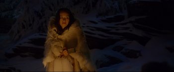Movie still from “The Call of the Wild” (2020), directed by Chris Sanders – A woman wrapped up in a blanket in the snow; Medium shot, High angle