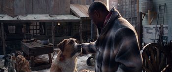 Movie still from “The Call of the Wild” (2020), directed by Chris Sanders – A man and a dog are touching each other's face; Close Up shot, Over the shoulder angle