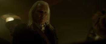 Movie still from “The Call of the Wild” (2020), directed by Chris Sanders – An old man with long white hair and a white beard; Close Up shot, Low angle