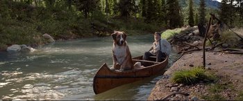 Movie still from “The Call of the Wild” (2020), directed by Chris Sanders – A man and a dog are in a canoe on a river; Wide shot, High angle