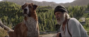Movie still from “The Call of the Wild” (2020), directed by Chris Sanders – An old man and a dog in a wooded area; Close Up shot, Low angle