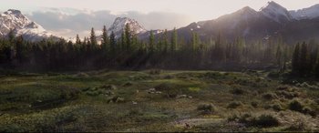 Movie still from “The Call of the Wild” (2020), directed by Chris Sanders – A field with trees and mountains in the background; Extreme Wide shot, High angle