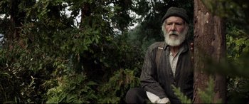 Movie still from “The Call of the Wild” (2020), directed by Chris Sanders – An old man with a beard sitting in a forest; Medium shot, Low angle