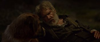 Movie still from “The Call of the Wild” (2020), directed by Chris Sanders – An older man with a beard and a dog; Close Up shot, Over the shoulder angle